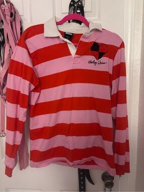 Hot Topic Harley Quinn Pink & Red Striped Rugby Shirt